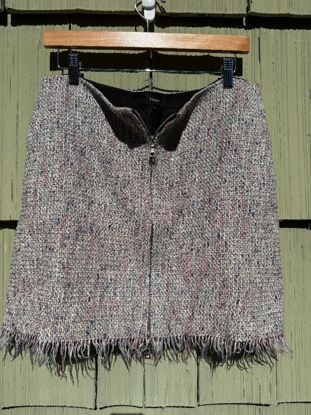 Theory Women's Winsty Multi Tweed Mini Skirt Gray Blue Zip Fringe Sz 10 Mint